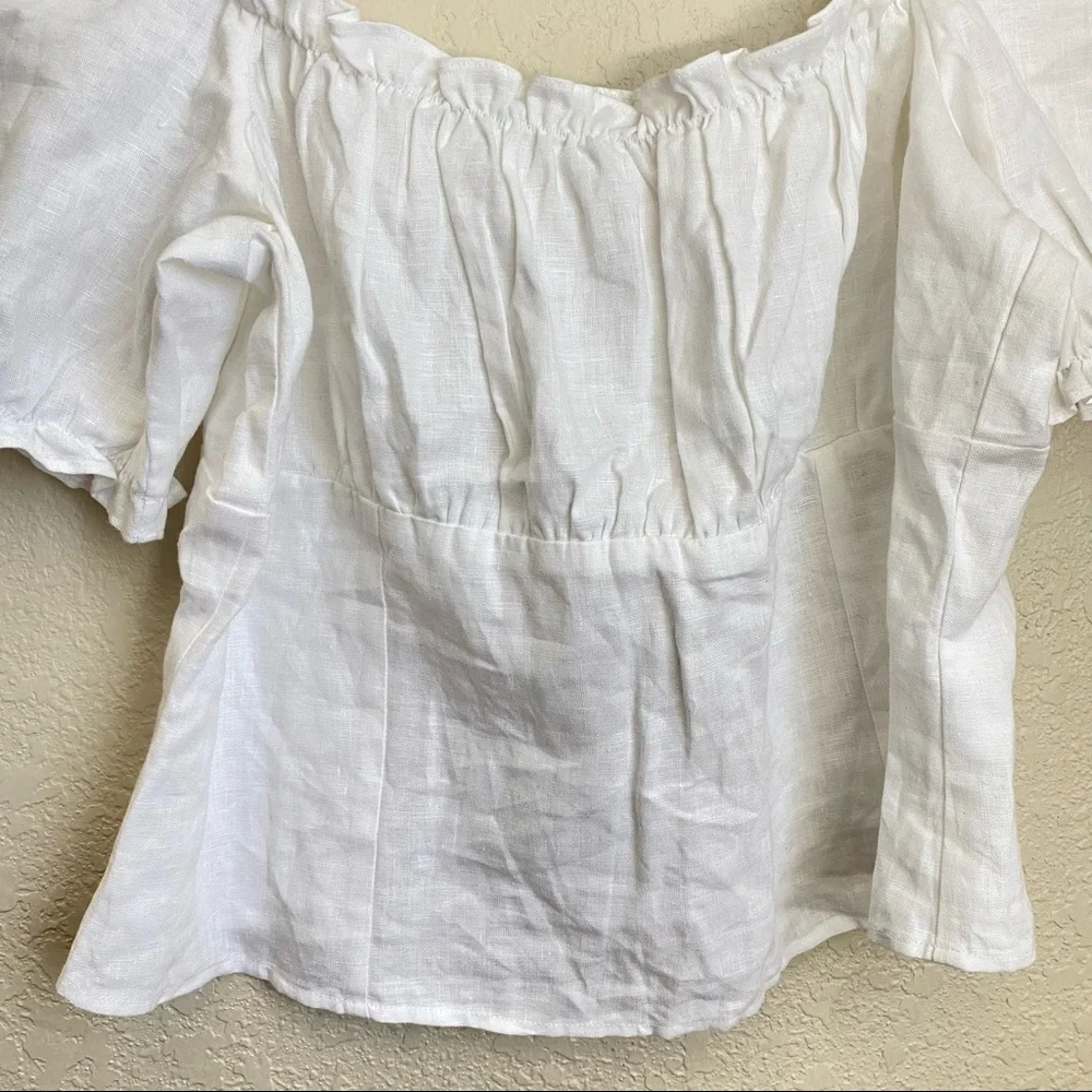 Reformation White 100% Linen Salina Top puff sleeve crop top size 16